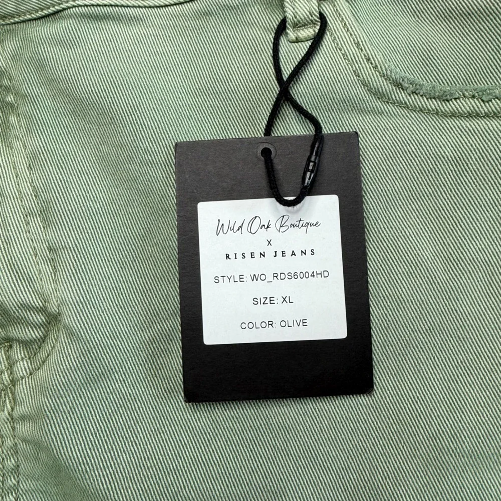 RISEN JEANS Asymmetrical Crossover Olive Green Distressed Shorts Women's XL NEW
